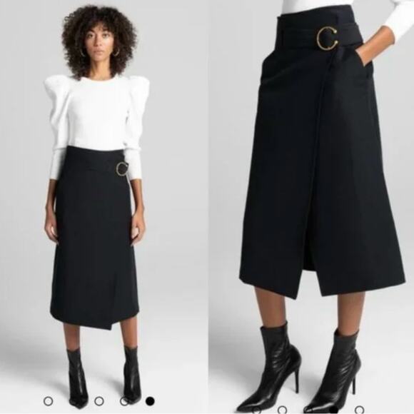 A.L.C. Belted  Midi Wrap  Black Skirt With Buckle Accent - Picture 1 of 16